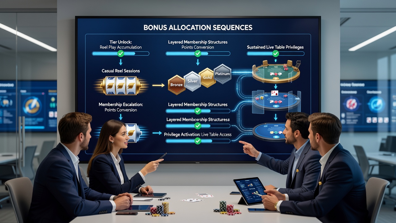 Diagram showing bonus allocation sequences progressing from casual reel sessions to live table privileges via layered membership tiers