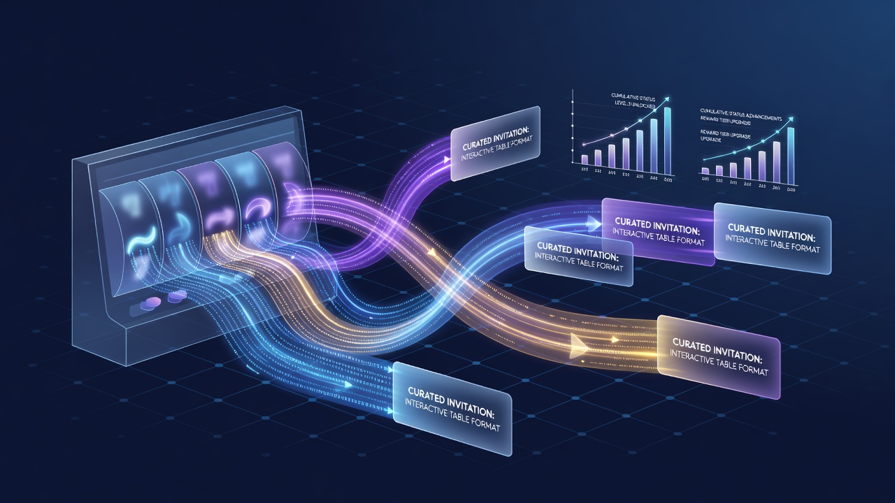 Visualization of data streams connecting mobile slot spins to table game invitations and loyalty tier progression in gaming apps