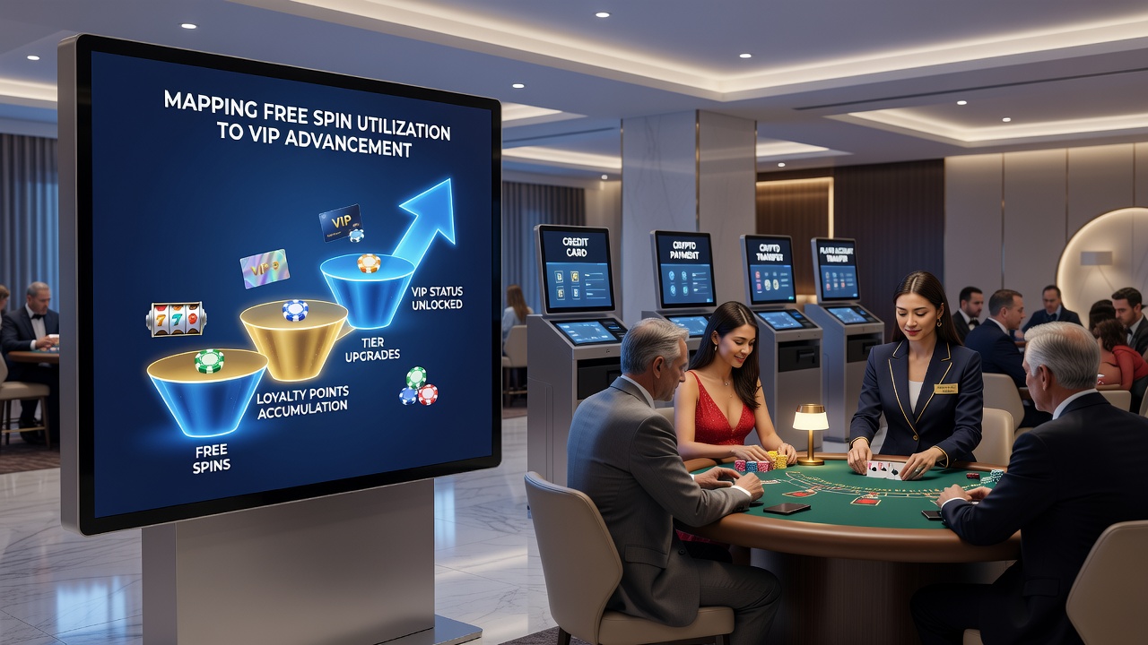 Casino interface showing free spin tracking and VIP tier progression alongside live dealer tables