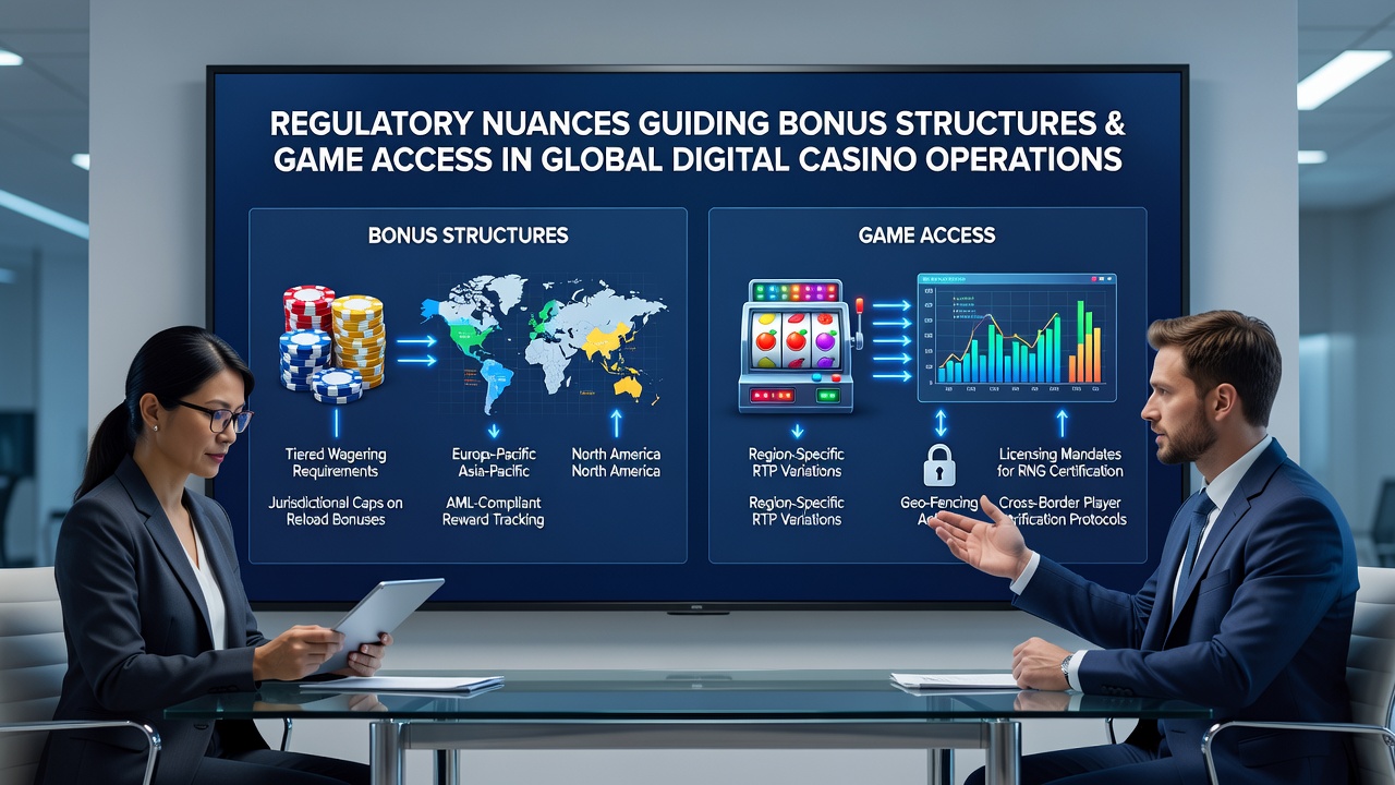 Global regulatory frameworks shaping online casino bonuses and game access illustrated through digital interfaces and compliance charts